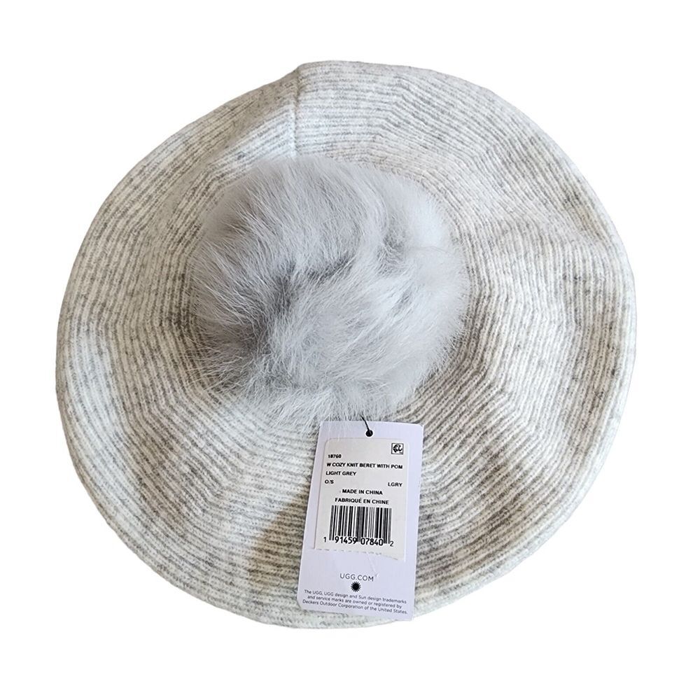 UGG 18760 Womens OS Cozy Knit Beret W/ Pom Light Grey White Ivory Body Very Soft - Picture 2 of 6